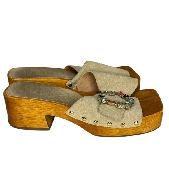 Vicenza Y2K 90s Fashion Wooden Mule Leather Embellished Buckle Heels Size 38 7 - Picture 4 of 10